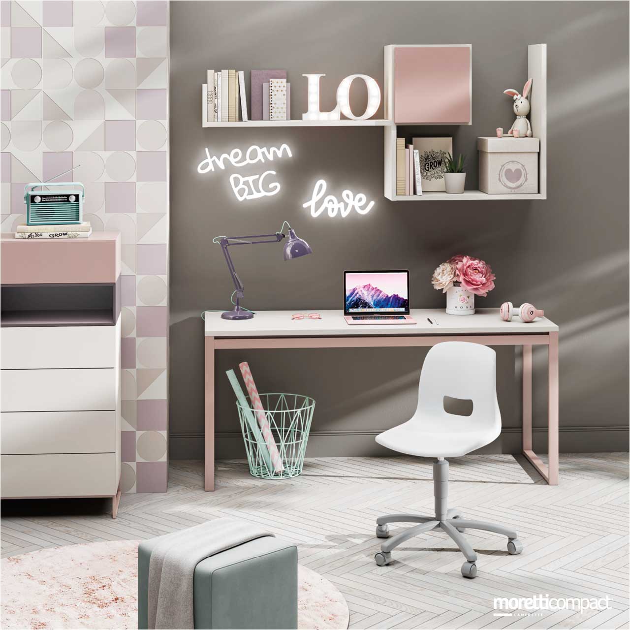 Scrivania con supporti Fix Plus e libreria Outline sospesa