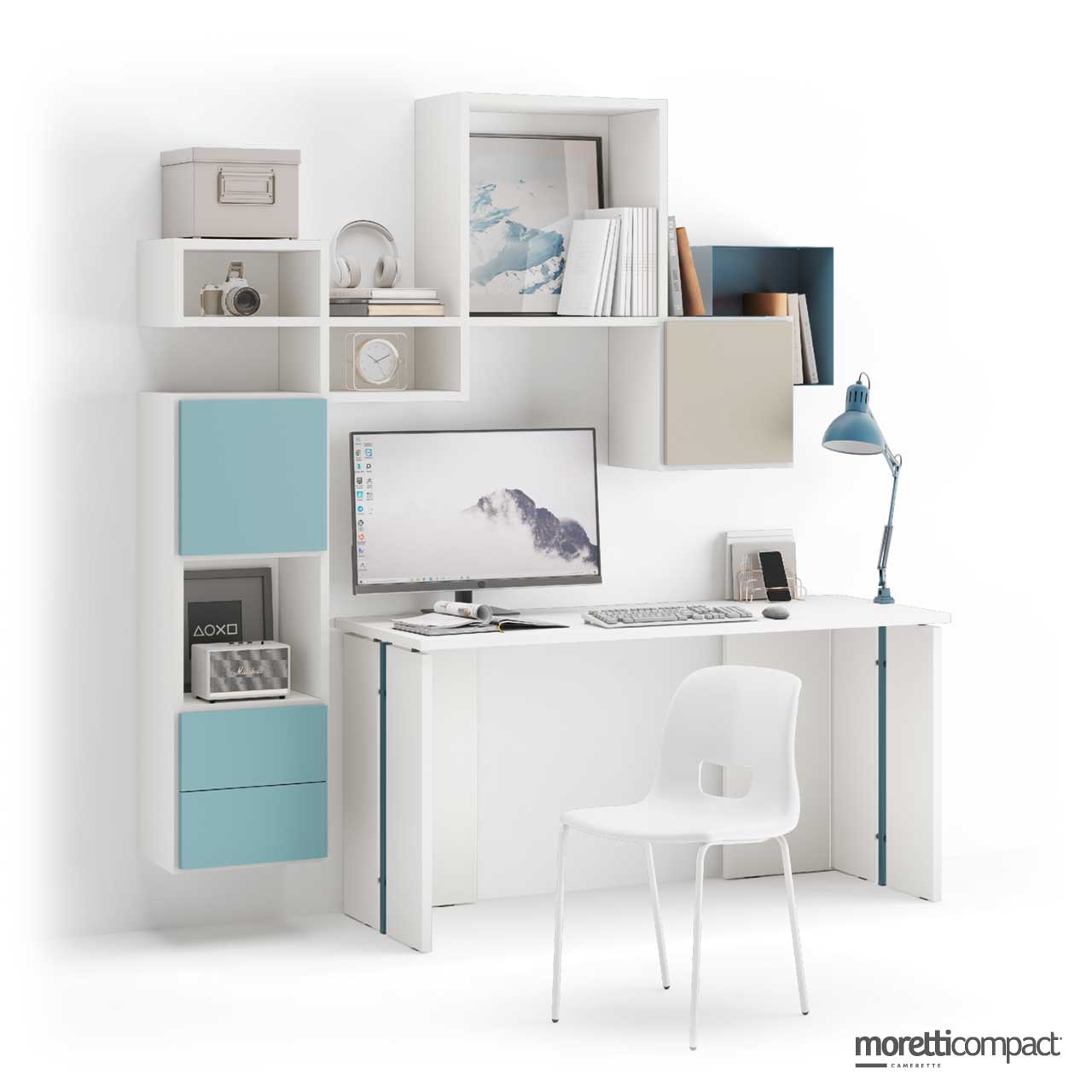 Scrivania con supporti Insert e Outline sospesa con L-box