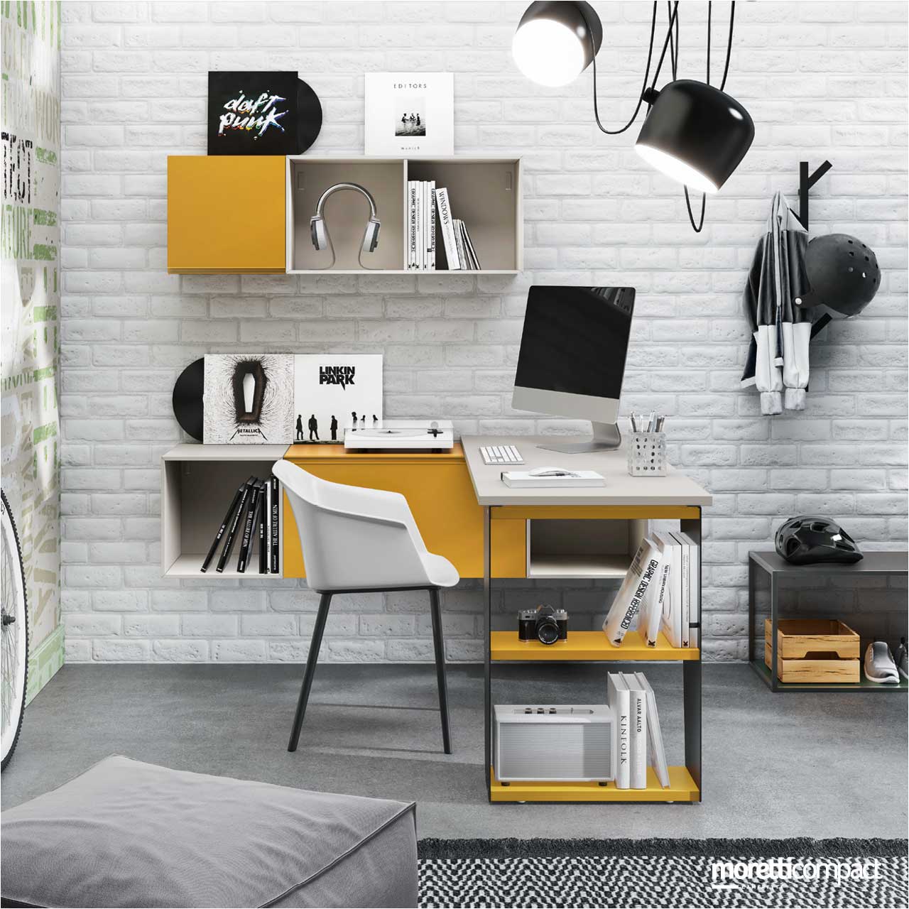 Scrivania a sbalzo con supporti Loop e Wallbox