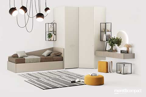 Cameretta con divano letto, armadio estraibile, cabina armadio e angolo beauty