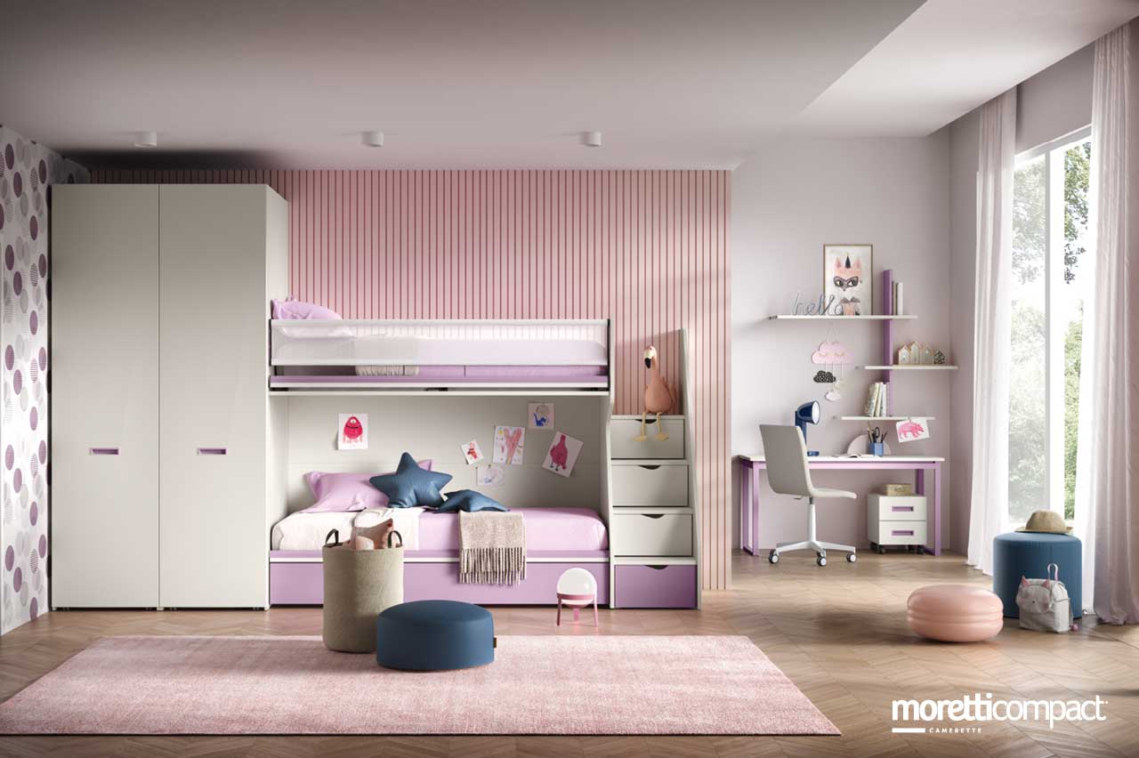 Cameretta a soppalco con armadio a carrelli estraibili