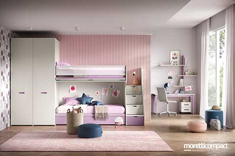 Cameretta a soppalco con armadio a carrelli estraibili