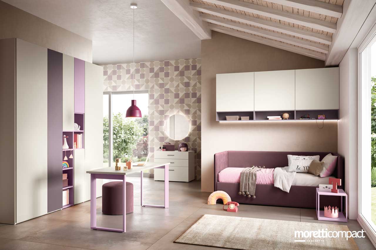 Cameretta con armadio battente e divano letto con box contenitore