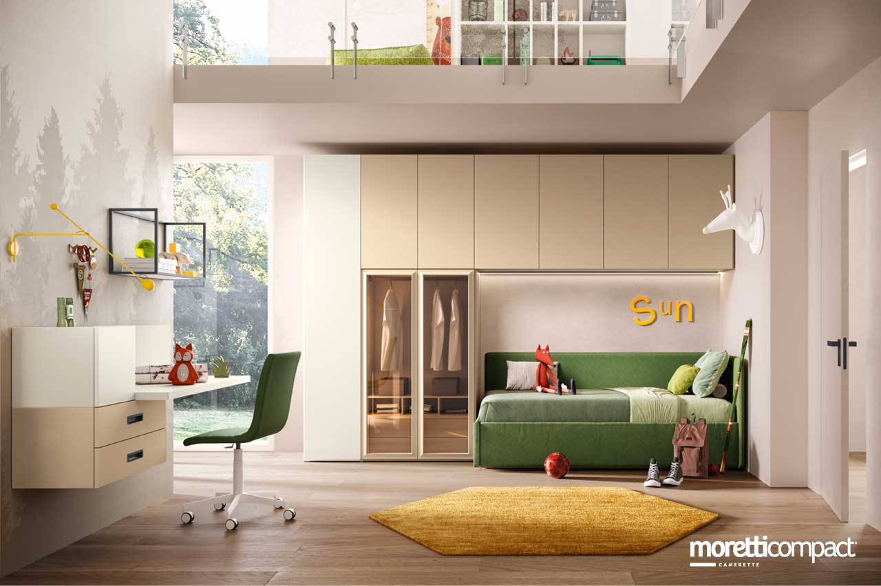 Cameretta con armadio ad ante vetrina e divano box imbottito Cameretta con armadio ad ante vetrina e divano box imbottito