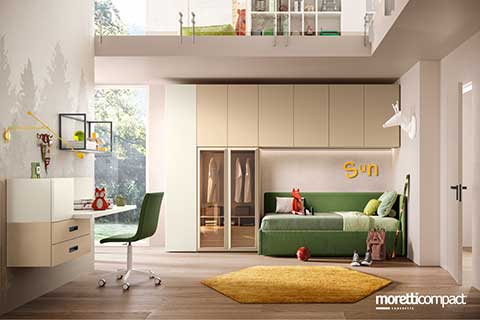 Cameretta con armadio ad ante vetrina e divano box imbottito