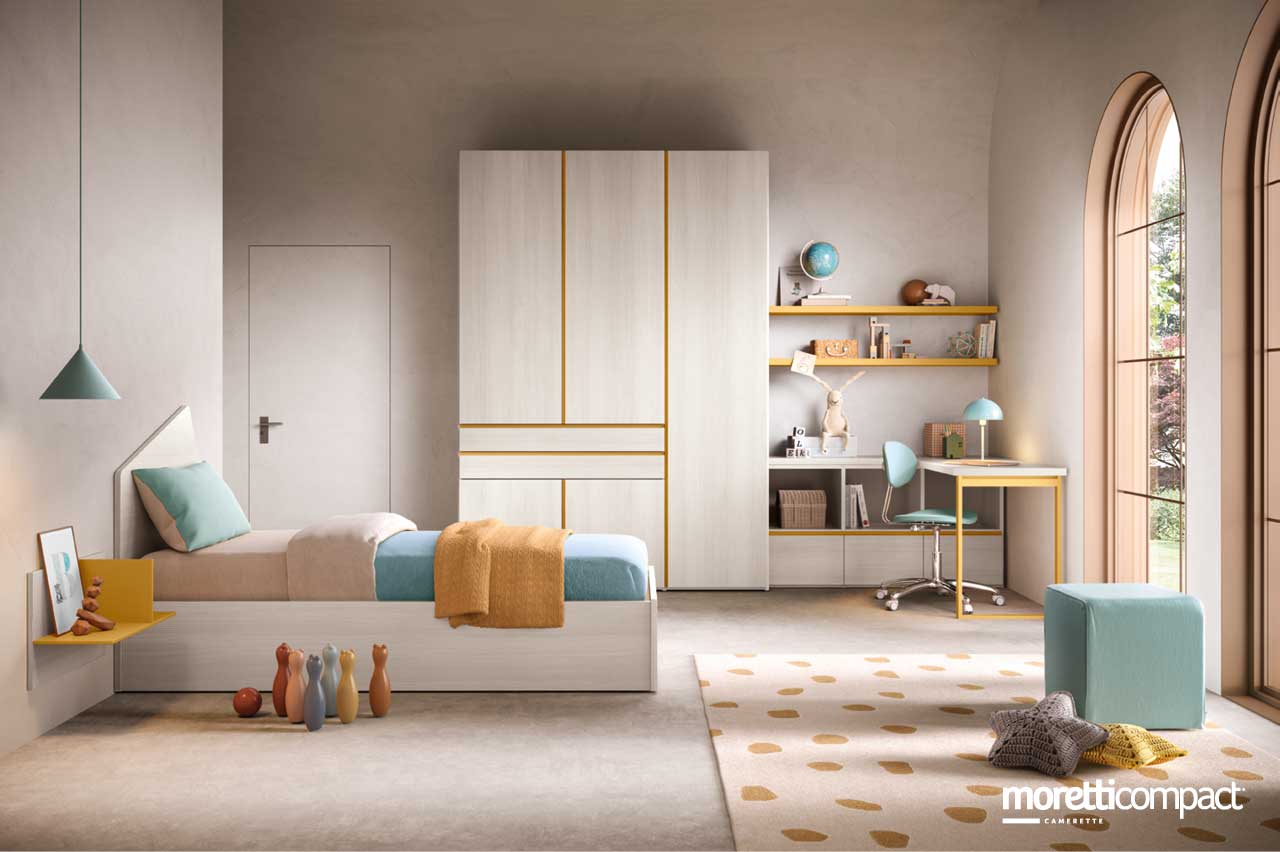 Cameretta con armadio battente angolo scrivania e letto legno