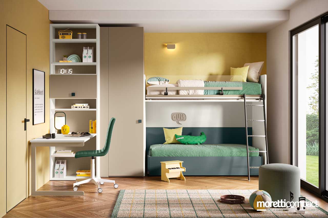 Cameretta con letto a castello, cabina armadio e scrivania a sbalzo Cameretta con letto a castello, cabina armadio e scrivania a sbalzo