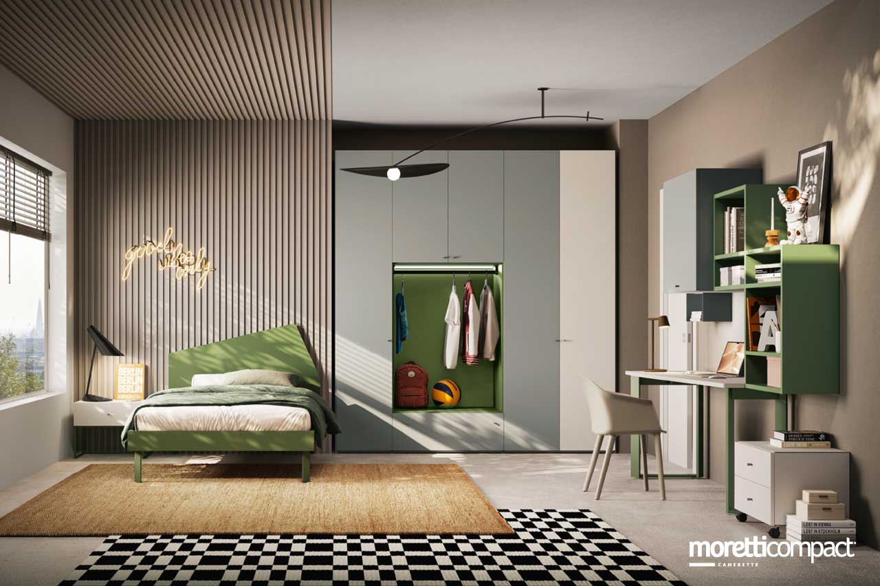 Camera con armadio battente e vano a giorno