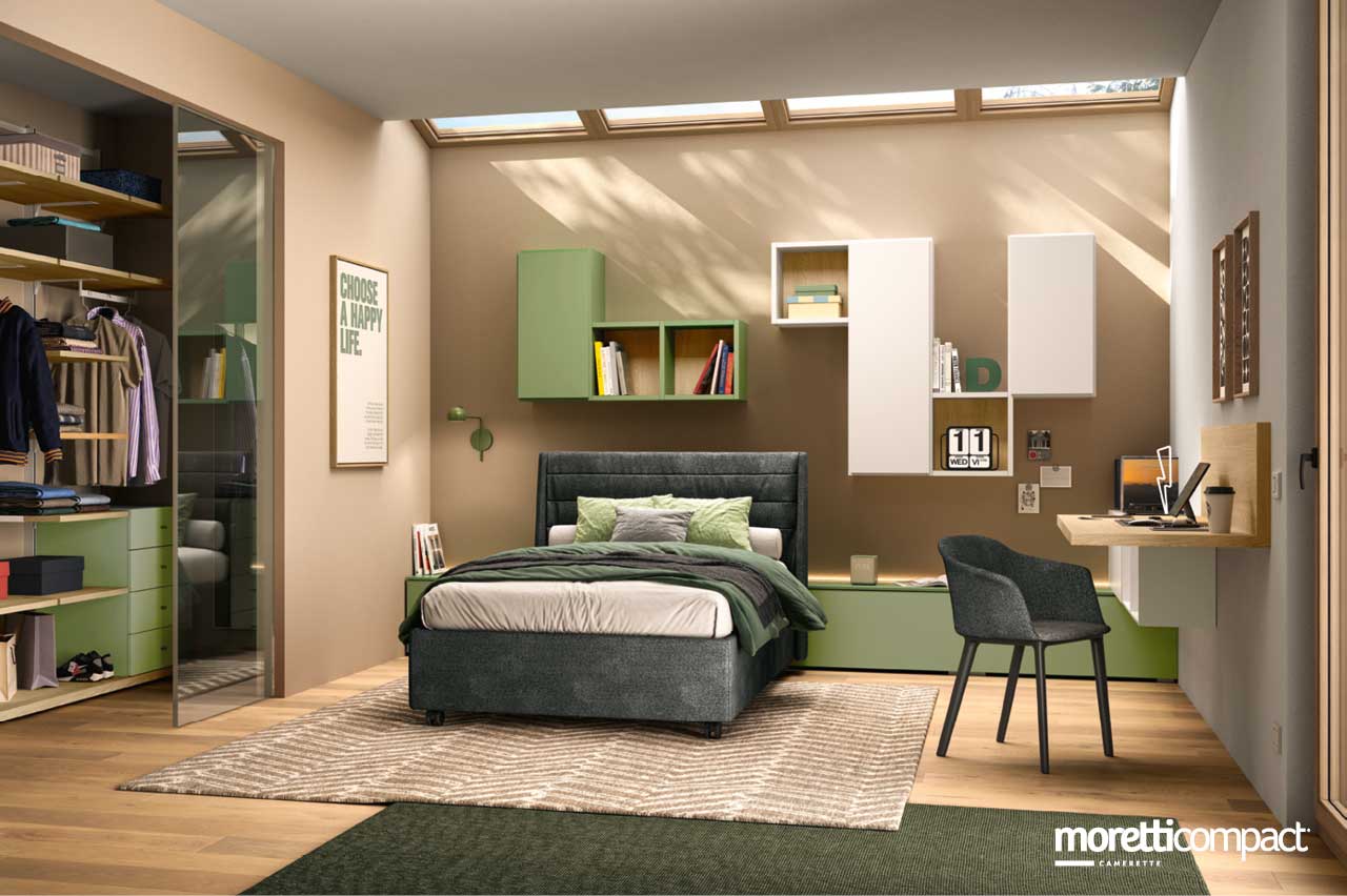 Camera con cabina armadio e letto imbottito